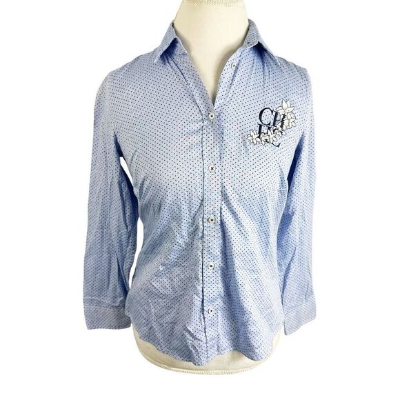 Carolina Herrera Blue Polka Dot Button Shirt Floral Pearls Embroidered Size 8 - Picture 1 of 7